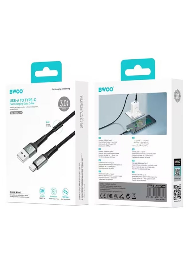 بوو كابل USB-A إلى USB-C نايلون مضفر 1 متر - شحن سريع ومزامنة بيانات، كابل تايب سي لأيفون 15 وسامسونج والأندرويد - أسود (X131C) - Image 5