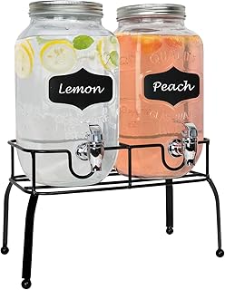 Estilo Glass Set of 2 Mason Jars Beverage Drink Dispensers on Metal Stand with Chalkboard Labels and Chalk with Lids - Image 1