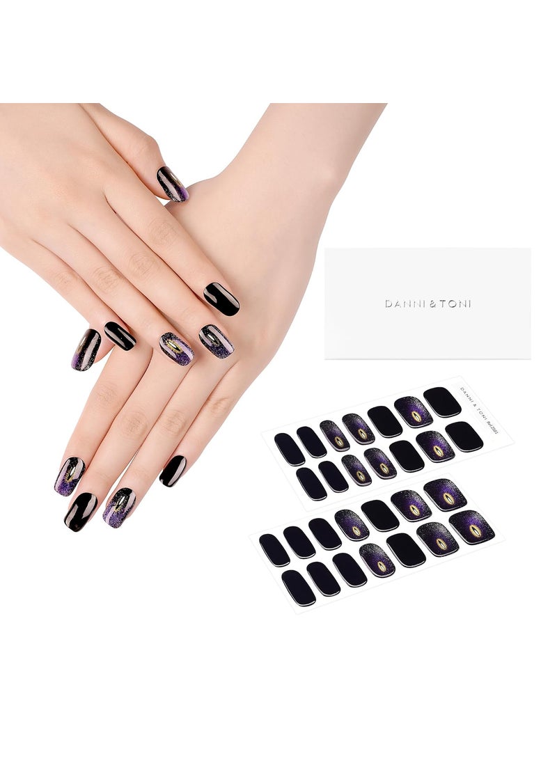 DANNI & TONI - DANNI & TONI Semi Cured Gel Nail Strips Black (Galactic Glimmer) Cat Eye Gel Nail Stickers Semicured Gel Nail Wraps 28 Stickers - Image 1