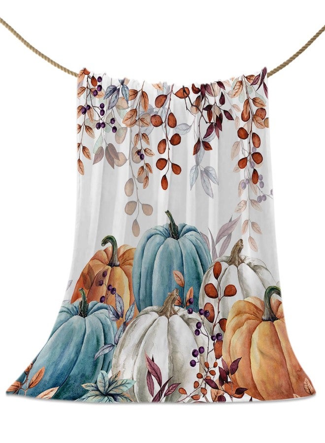 Vandarllin Fall Thanksgiving Throw Blankets, Watercolor Autumn Pumpkins Terracotta Eucalyptus Leaves Soft Fleece Blanket Decorative for Home Sofa Couch Chair Living Bedroom,40x50 inches, Blue Orange - Image 1