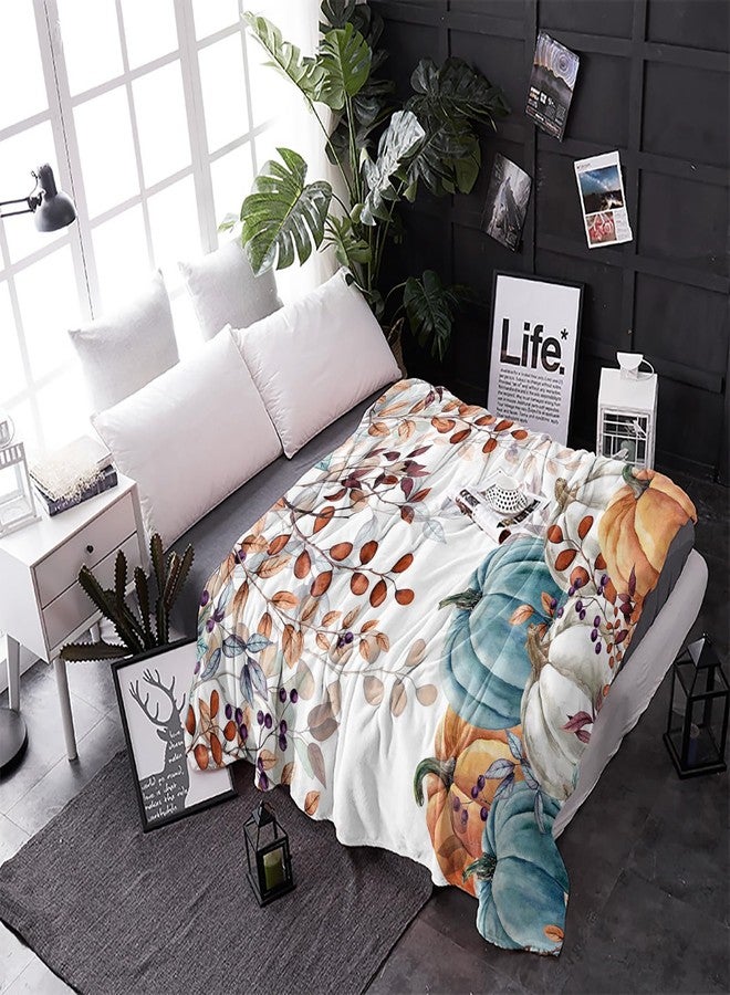 Vandarllin Fall Thanksgiving Throw Blankets, Watercolor Autumn Pumpkins Terracotta Eucalyptus Leaves Soft Fleece Blanket Decorative for Home Sofa Couch Chair Living Bedroom,40x50 inches, Blue Orange - Image 3