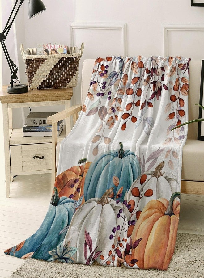 Vandarllin Fall Thanksgiving Throw Blankets, Watercolor Autumn Pumpkins Terracotta Eucalyptus Leaves Soft Fleece Blanket Decorative for Home Sofa Couch Chair Living Bedroom,40x50 inches, Blue Orange - Image 2