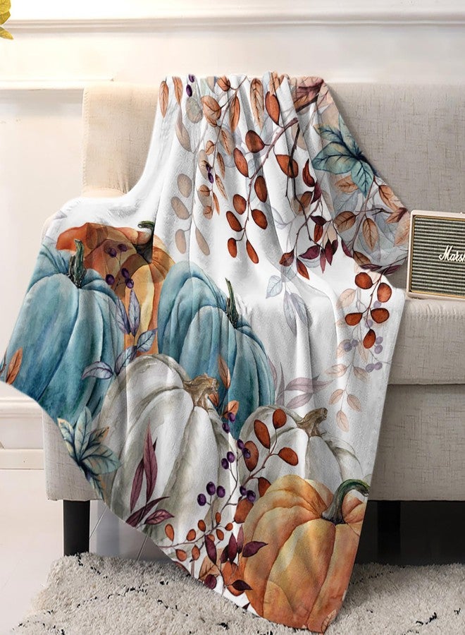 Vandarllin Fall Thanksgiving Throw Blankets, Watercolor Autumn Pumpkins Terracotta Eucalyptus Leaves Soft Fleece Blanket Decorative for Home Sofa Couch Chair Living Bedroom,40x50 inches, Blue Orange - Image 4