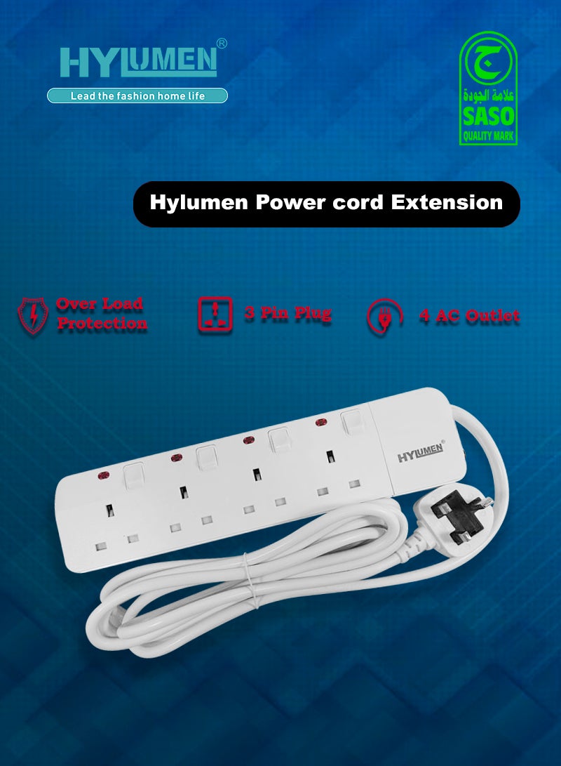 Hylumen 4 Socket Extension Cord - 3 Meter, Heavy Duty, Multi-Plug Power Strip for Home & Office, Surge Protection - Image 1