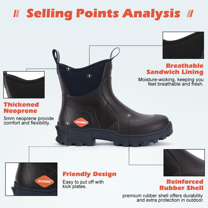 Showave Men's Short Rubber Boots Waterproof Rain Boots Insulated Working Booties with Comfortable Sports Sole, Brown,Size 9 - Image 2
