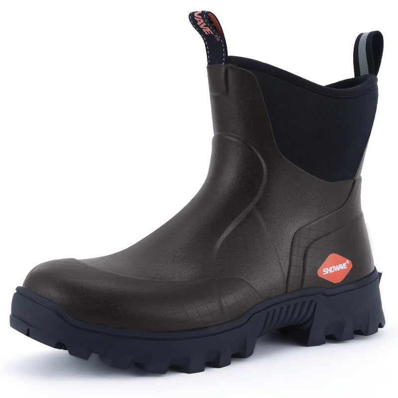 Showave Men's Short Rubber Boots Waterproof Rain Boots Insulated Working Booties with Comfortable Sports Sole, Brown,Size 9 - Image 1