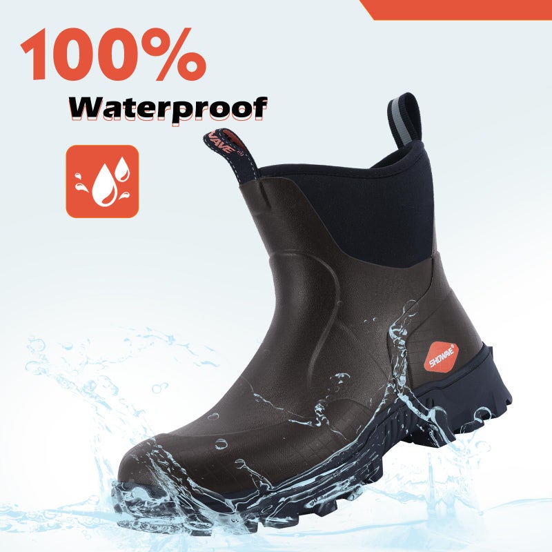 Showave Men's Short Rubber Boots Waterproof Rain Boots Insulated Working Booties with Comfortable Sports Sole, Brown,Size 9 - Image 4