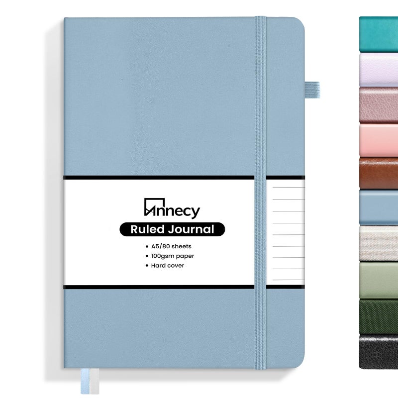 Annecy Lined Journal Notebook, Hardcover Leather Journal for Women & Men, 160 Numbered Pages, Medium 5.5" x 8.25", 100 GSM Thick Paper, Haze Blue - Image 1