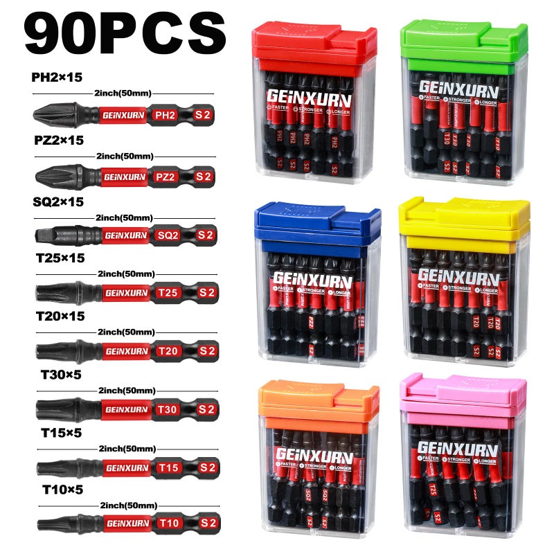 Geinxurn 90 Pieces Impact Screwdriver Bits Set with Colorful Boxes, 2" Magnetic (PH2,PZ2,SQ2,T10,T15, T20,T25,T30) S2 Steel Multi Driver Bits - Image 2