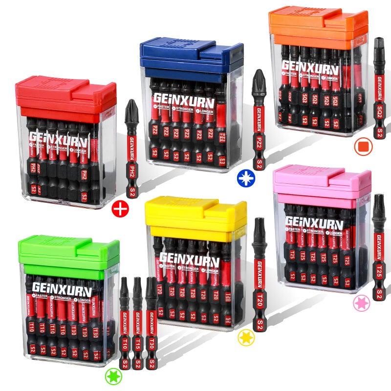 Geinxurn 90 Pieces Impact Screwdriver Bits Set with Colorful Boxes, 2" Magnetic (PH2,PZ2,SQ2,T10,T15, T20,T25,T30) S2 Steel Multi Driver Bits - Image 1
