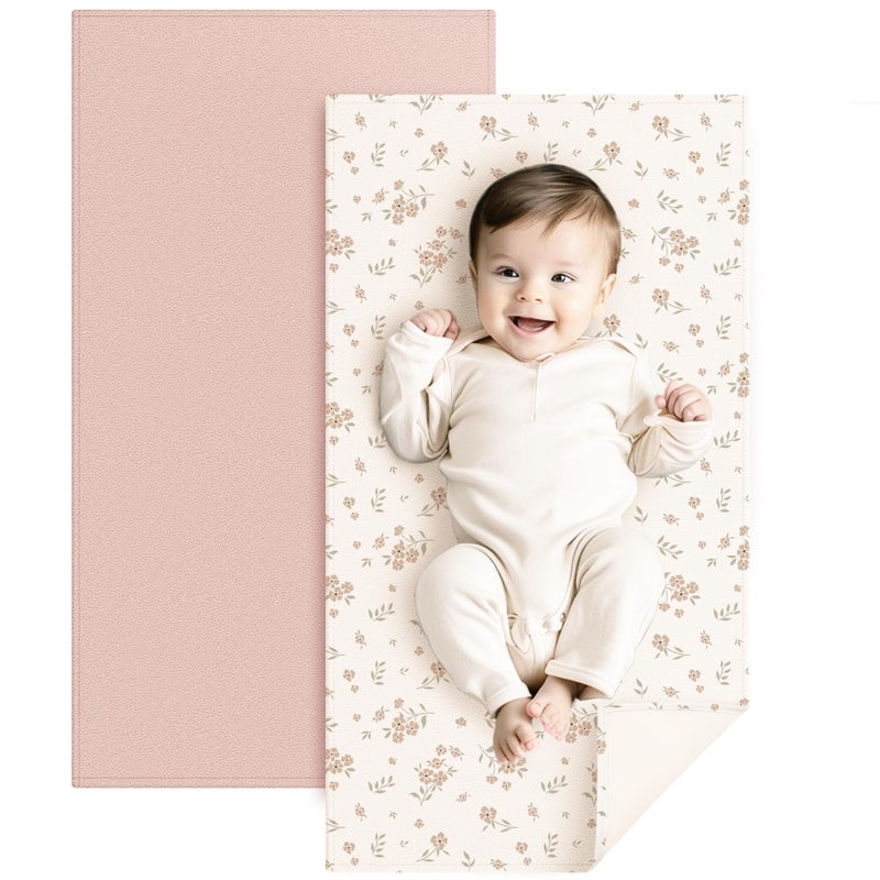 Konssy Faux Leather Baby Changing Mat, Waterproof, Wipeable & Portable Diaper Changing Pad for Travel or Home, Fits Perfectly in Diaper Bag, 30 x 17 inches (Blossom,Pink) - Image 1