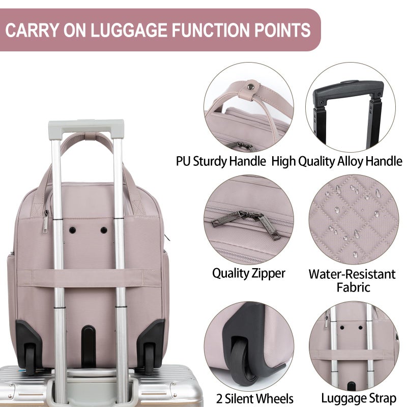 EMPSIGN Underseat Carry On Wheeled - 16" Carry on Bag with Wheels Multi-functional Lightweight Rolling Bag Overnight Weekender Small Suitcase for Women Men Travel Business, Dusty Pink - Image 4