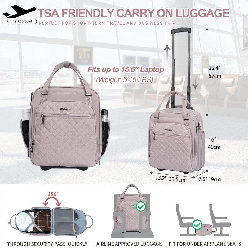 EMPSIGN Underseat Carry On Wheeled - 16" Carry on Bag with Wheels Multi-functional Lightweight Rolling Bag Overnight Weekender Small Suitcase for Women Men Travel Business, Dusty Pink - Image 2