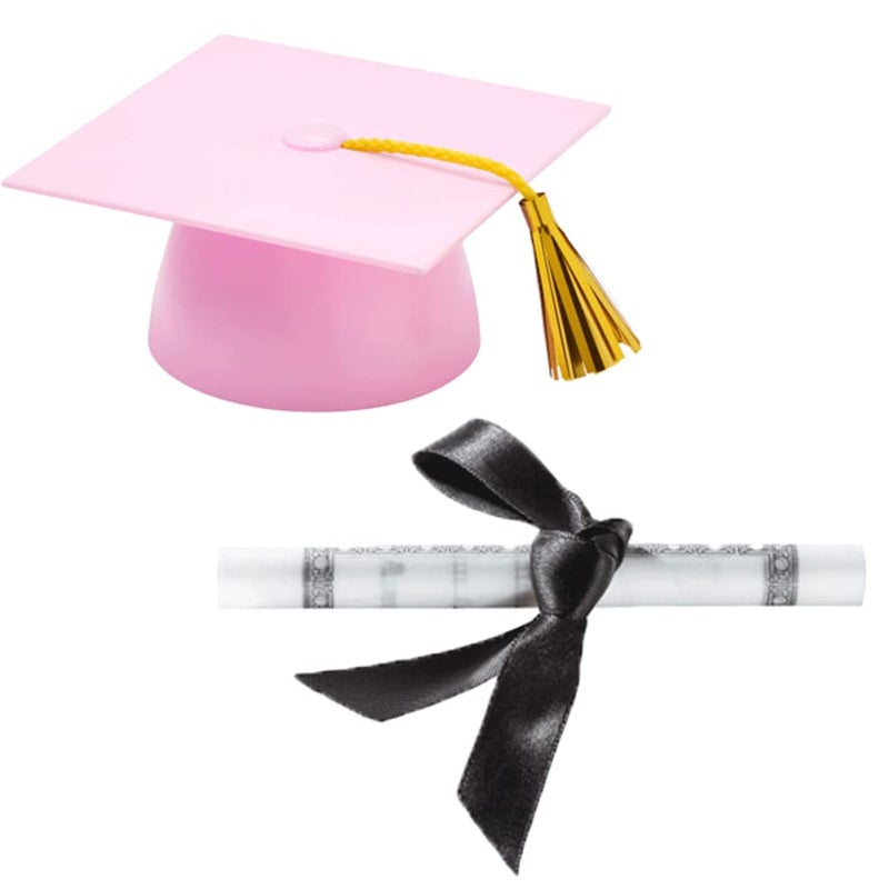 Plastic Graduation Cap Cake Topper with Large Paper Diploma Cake Topper Pink