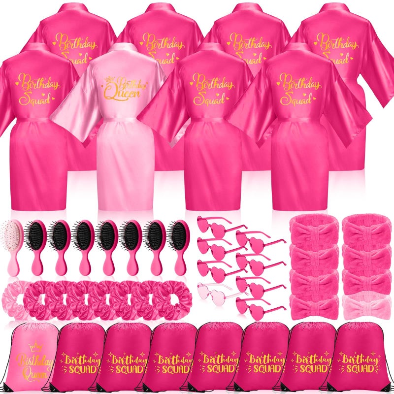 Coume 48 Pcs Women Birthday Robe Birthday Queen Squad Robe Sunglasses Scrunchie Headbands Comb Bag for Spa PartyRose Red Pink - Image 2