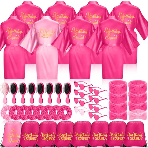 Coume 48 Pcs Women Birthday Robe Birthday Queen Squad Robe Sunglasses Scrunchie Headbands Comb Bag for Spa PartyRose Red Pink - Image 1