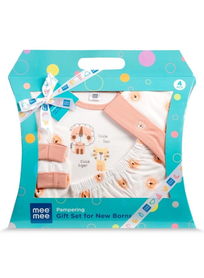 Mee Mee New Born Baby Gift Set | Soft Cotton Clothing Essentials for Infants/Baby Girls, Boys | Baby Shower Clothing Hamper (4 Pieces, Orange)| Ideal Gift for New Born Baby - Image 1