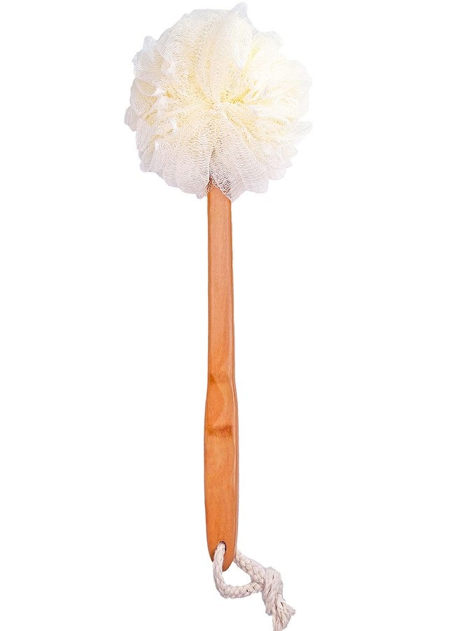 JINS-Hung Shower Loofah Body & Back Scrubber - Exfoliating Loofah Bath Brush On a Stick - with Long Wooden Handle Back Brush for Men & Women - Easy Reach Body Wash & Lotion Applicator（White） - Image 1