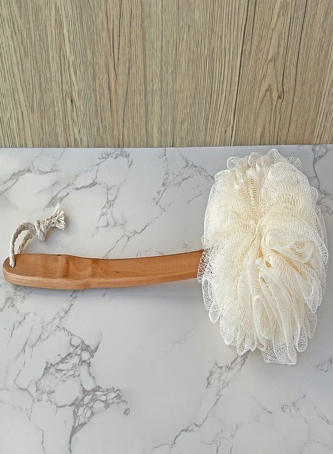 JINS-Hung Shower Loofah Body & Back Scrubber - Exfoliating Loofah Bath Brush On a Stick - with Long Wooden Handle Back Brush for Men & Women - Easy Reach Body Wash & Lotion Applicator（White） - Image 3
