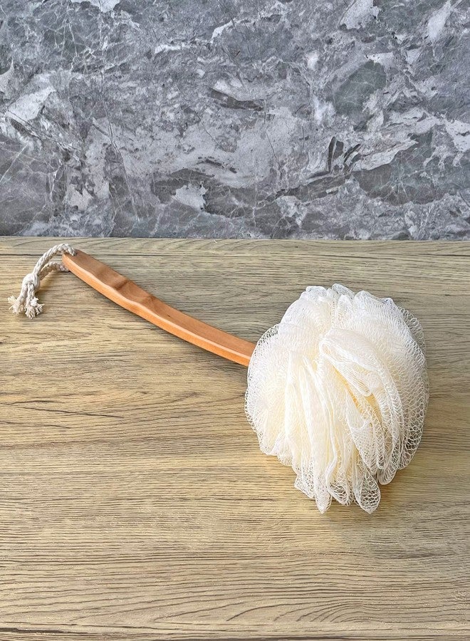 JINS-Hung Shower Loofah Body & Back Scrubber - Exfoliating Loofah Bath Brush On a Stick - with Long Wooden Handle Back Brush for Men & Women - Easy Reach Body Wash & Lotion Applicator（White） - Image 4