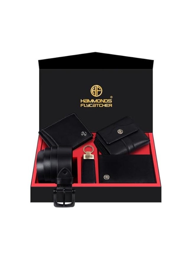 HAMMONDS FLYCATCHER Genuine Leather Premium 5 in 1 Mega Gift Combo Gifts Set for Men & Colleagues - Men's Wallet, Ladies Wallet, Passport Holder, Men's Belt & Keyring - Blics Black - Image 1