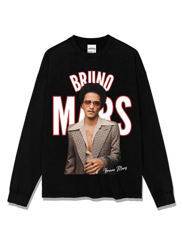 Bruno Mars Martian Printed Long-sleeved Short-sleeved T-shirt Washed Heavy Round Neck Small Collar Instagram Ins - Image 5
