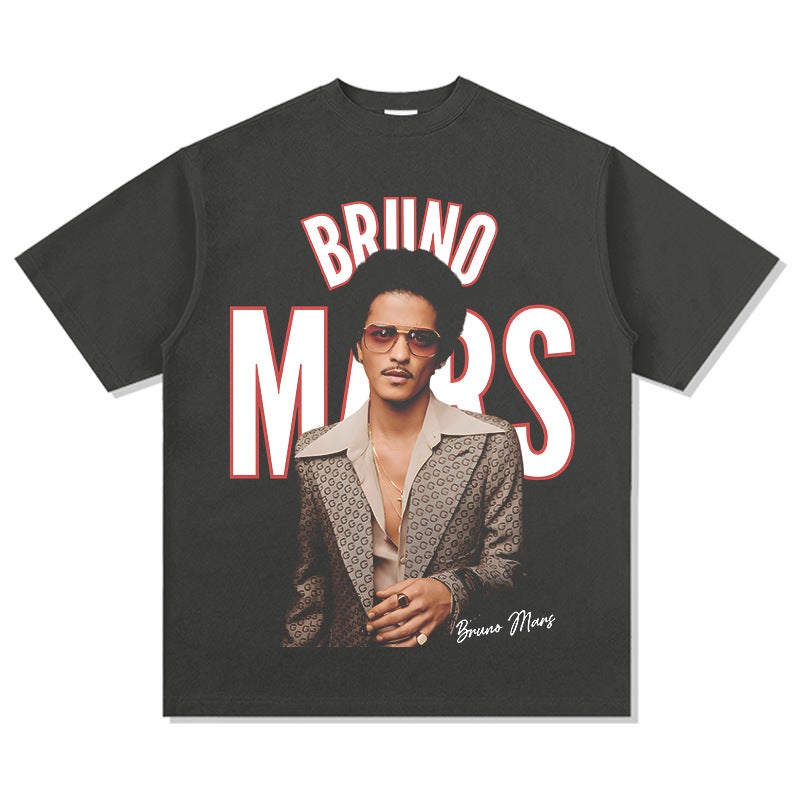 Bruno Mars Martian Printed Long-sleeved Short-sleeved T-shirt Washed Heavy Round Neck Small Collar Instagram Ins - Image 1