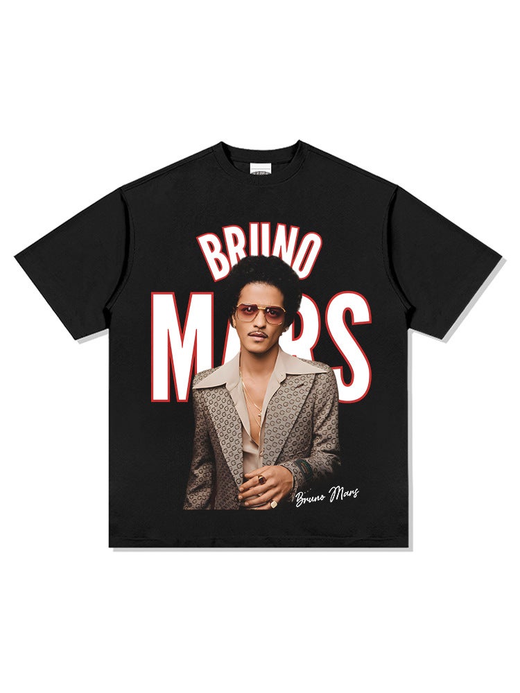 Bruno Mars Martian Printed Long-sleeved Short-sleeved T-shirt Washed Heavy Round Neck Small Collar Instagram Ins - Image 4