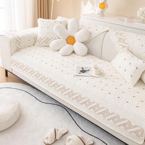 vctops Solid Color Cotton Quilted Sofa Couch Cover Weave Pattern Soft Sectional Couch Covers Embroidery NonSlip Sofa Slipcover for Dogs Children Pets Furniture Protector Cream28x28 - Image 1