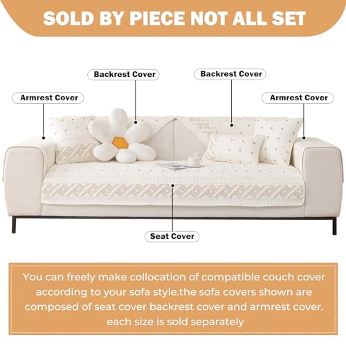 vctops Solid Color Cotton Quilted Sofa Couch Cover Weave Pattern Soft Sectional Couch Covers Embroidery NonSlip Sofa Slipcover for Dogs Children Pets Furniture Protector Cream28x28 - Image 3