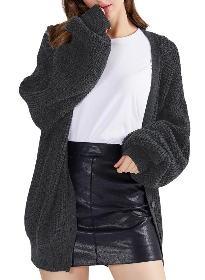 QUALFORT Cardigan Sweaters for Women 100% Cotton Button-Down Oversized Knit Outerwear Fall Tops for Women 2026, Dark Grey, XL - Image 4