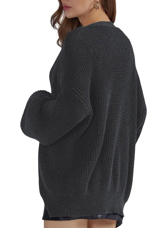 QUALFORT Cardigan Sweaters for Women 100% Cotton Button-Down Oversized Knit Outerwear Fall Tops for Women 2026, Dark Grey, XL - Image 2