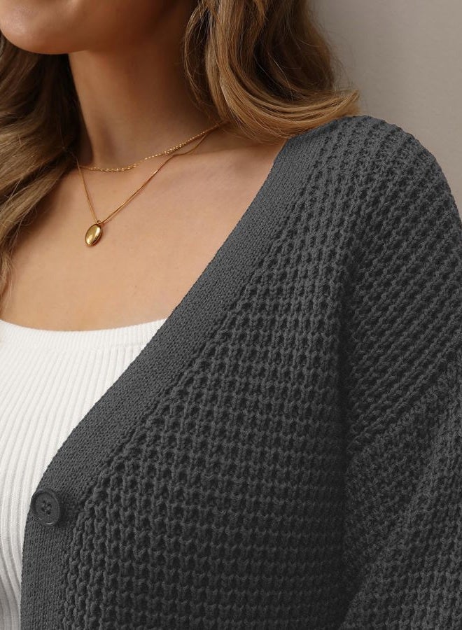 QUALFORT Cardigan Sweaters for Women 100% Cotton Button-Down Oversized Knit Outerwear Fall Tops for Women 2026, Dark Grey, XL - Image 3