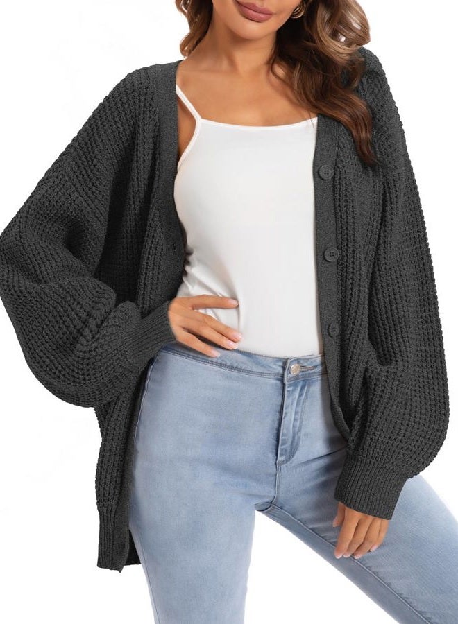 QUALFORT Cardigan Sweaters for Women 100% Cotton Button-Down Oversized Knit Outerwear Fall Tops for Women 2026, Dark Grey, XL - Image 1