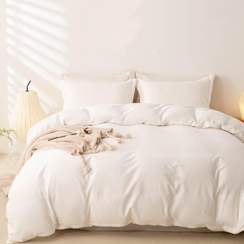 OAITE 100% Washed Cotton Duvet Cover Queen Size Soft Breathable Durable Bedding with Zipper Closure & 8 Corner Ties- 3 Pieces Plain Simple Duvet Cover Set,2 Pillow Shams,1 Duvet Cover(90"x90") - Image 1