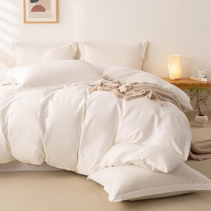 OAITE 100% Washed Cotton Duvet Cover Queen Size Soft Breathable Durable Bedding with Zipper Closure & 8 Corner Ties- 3 Pieces Plain Simple Duvet Cover Set,2 Pillow Shams,1 Duvet Cover(90"x90") - Image 3