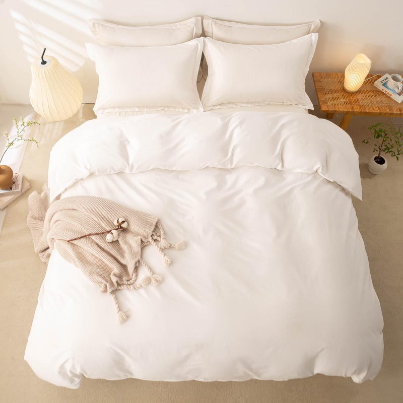 OAITE 100% Washed Cotton Duvet Cover Queen Size Soft Breathable Durable Bedding with Zipper Closure & 8 Corner Ties- 3 Pieces Plain Simple Duvet Cover Set,2 Pillow Shams,1 Duvet Cover(90"x90") - Image 4