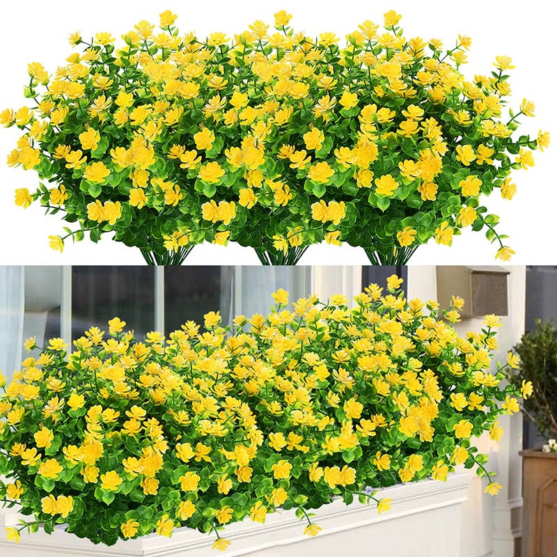 ArtBloom 12 Bundles Outdoor Artificial Flowers UV Resistant Fake Boxwood Plants Faux Greenery for Indoor Outside Hanging Plants Garden Porch Window Box Home Wedding Farmhouse Dcor Yellow