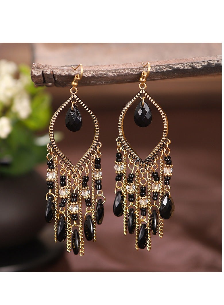 AROAQ Beaded Tassel Earring, Long Colorful Beads Earrings, Elegant Bead Long Tassel Statement Drop Dangle Earrings For Women Black