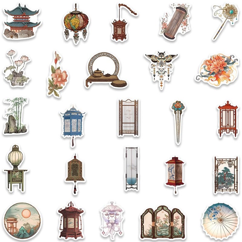 FUNWING Ancient Chinese Culture Stickers |50Pcs Traditional Chinese Architectural Art Waterproof Vinyl Decals for Water Bottles Laptop Bicycle Computer Mobile Phone Skateboard Decor - Image 4