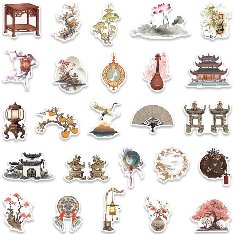 FUNWING Ancient Chinese Culture Stickers |50Pcs Traditional Chinese Architectural Art Waterproof Vinyl Decals for Water Bottles Laptop Bicycle Computer Mobile Phone Skateboard Decor - Image 3