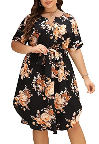 Nemidor Plus Size Casual Dresses for Curvy Women Summer Boho Floral Print Swing Midi Dress with Pockets 14-26(306,20,Black Yellow) - Image 1