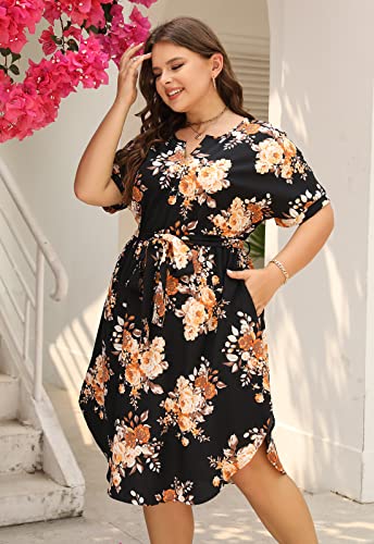 Nemidor Plus Size Casual Dresses for Curvy Women Summer Boho Floral Print Swing Midi Dress with Pockets 14-26(306,20,Black Yellow) - Image 4