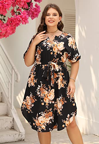 Nemidor Plus Size Casual Dresses for Curvy Women Summer Boho Floral Print Swing Midi Dress with Pockets 14-26(306,20,Black Yellow) - Image 2