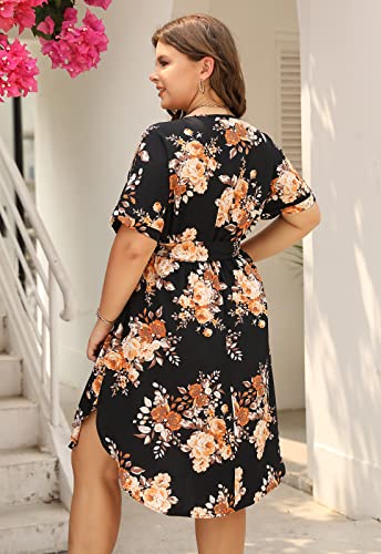 Nemidor Plus Size Casual Dresses for Curvy Women Summer Boho Floral Print Swing Midi Dress with Pockets 14-26(306,20,Black Yellow) - Image 5