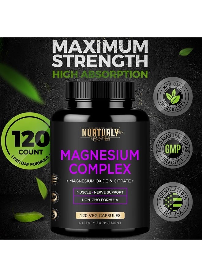 NURTURLY - Magnesium Citrate & Oxide 500mg Complex Supplement - High Absorption Maximum Strength - Helps Support Bone Density and Strength, Muscles, Energy and Sleep - 240 Vegan Capsules - Image 1