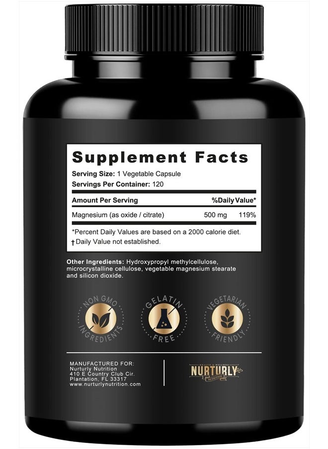 NURTURLY - Magnesium Citrate & Oxide 500mg Complex Supplement - High Absorption Maximum Strength - Helps Support Bone Density and Strength, Muscles, Energy and Sleep - 240 Vegan Capsules - Image 1