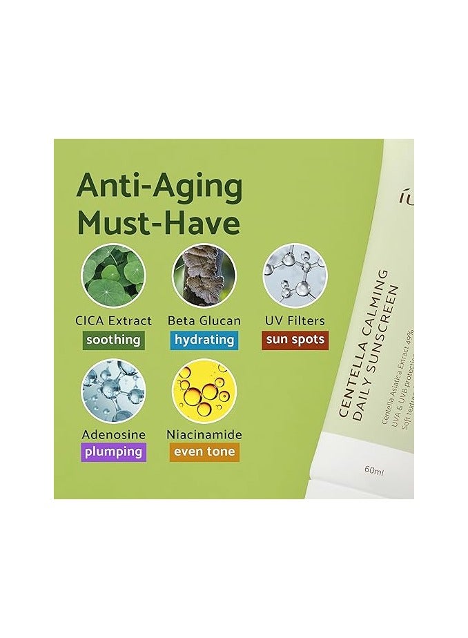 IUNIK Centella Calming Vegan Moisture SPF 50+ PA++++ Non-Sticky No White Cast Light-Weight Daily Sunscreen Reef-Safe UVA UVB Matte-Finish No-Scent 2 Oz Beta-Glucan Dry Oily Sensitive Acne-Prone Skin K