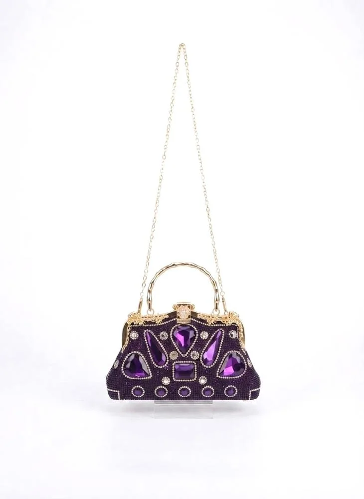 Viny Purple Viny Women's Statement Crystal Frame Clutch – Gemstone Embellished with Metal Ring Handle for Women | Best Price UAE