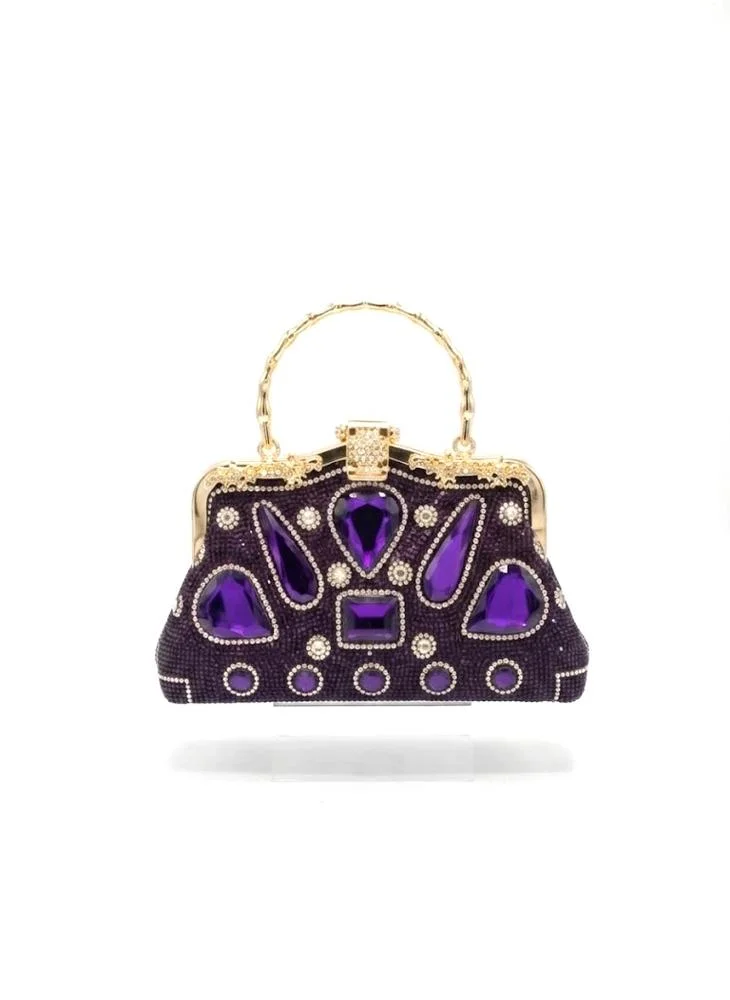 Viny Women's Statement Crystal Frame Clutch – Gemstone Embellished with Metal Ring Handle